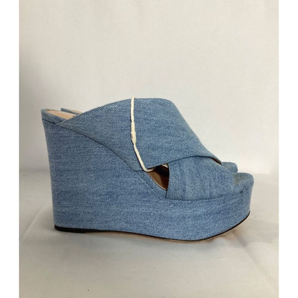 Sergio Rossi Alma Slip-On Wedge Sandals in Blue Cotton Denim - Picture 10 of 10